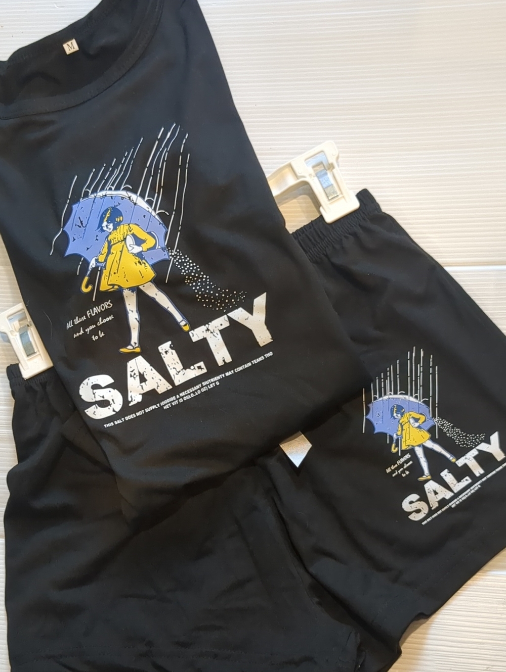 Black 'SALTY' Graphic Tee with Yellow Raincoat Illustration